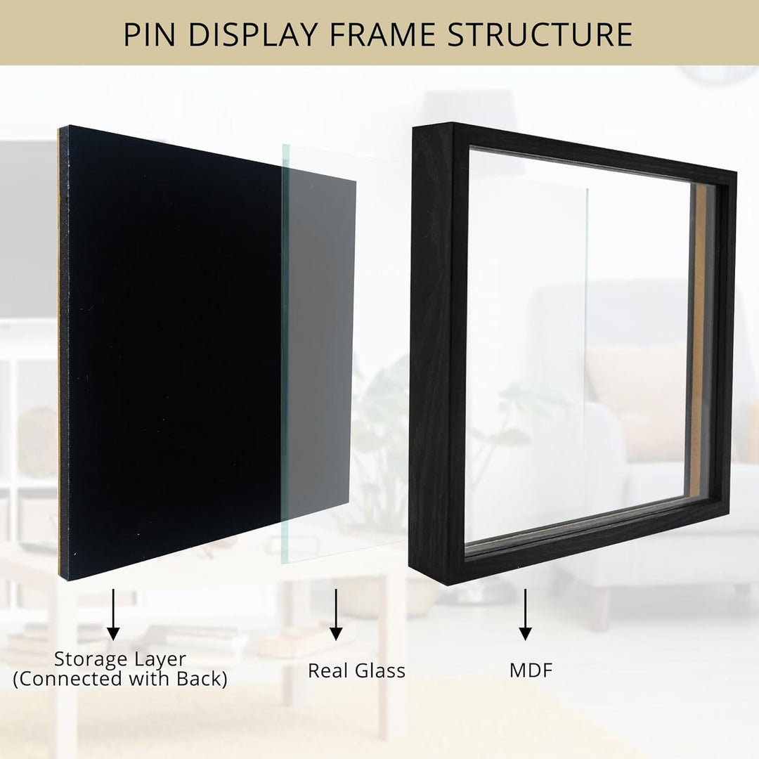 GMFrames 11x11 Anstecknadel-Vitrine mit Echtglas, Schaukasten für Wand und Tisch, Steckraster Schwar