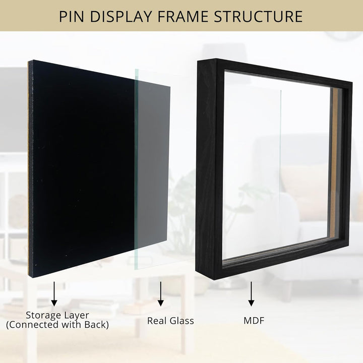 GMFrames 11x11 Anstecknadel-Vitrine mit Echtglas, Schaukasten für Wand und Tisch, Steckraster Schwar