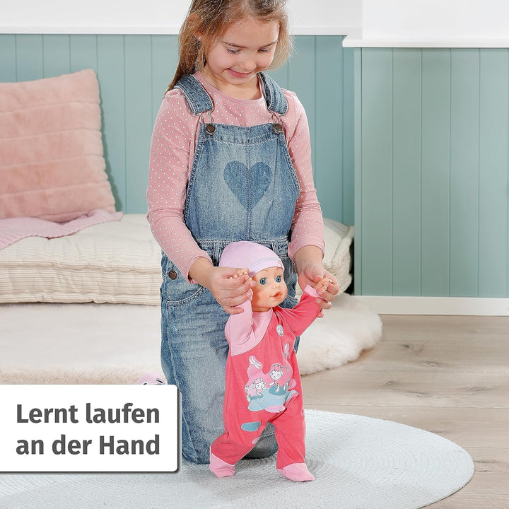 Baby Annabell Emily lauf mit Mir 43cm, Krabbel- und Lauflernpuppe mit Soundfunktion, rosa Strampler