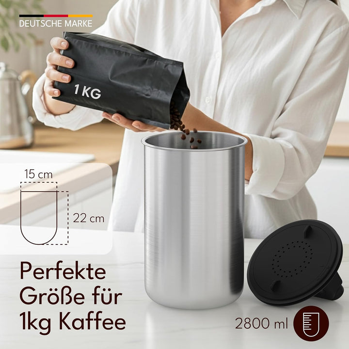 KC Kitchen & Co. Kaffeedose luftdicht für 1 kg Kaffeebohnen – Edelstahl Vorratsdose mit Vakuumdeckel