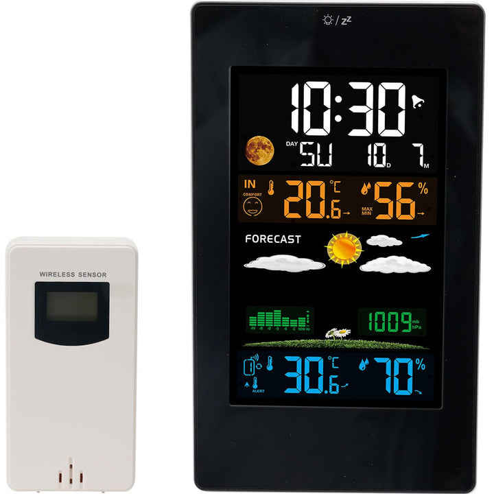 Moderne Wetterstation mit LCD-Farbdisplay, Funk-Aussensensor, Wecker & USB-Ladeport – präzise Wetter