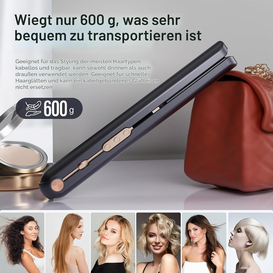 Glätteisen Kabellos und Lockenstab 2 in 1, 175°C-215°C Cordless Hair Straightener mit LED-Anzeige, H