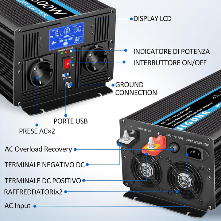 JIGUUN 1500W 3000W Wechselrichter Reiner Sinus Spannungswandler 12V 230V Mit 30A-Ladegerät und Netzv