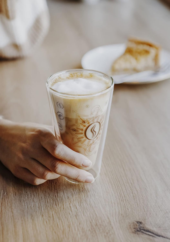 Montepreti Design Latte Macchiato Gläser 250ml, Kaffeeglas für Cappuccino, Espresso, Kaffee-Mandala,