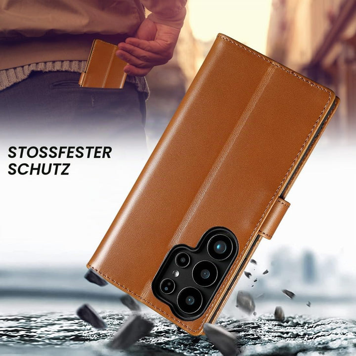 LENSUN Echtleder Handyhülle für Samsung Galaxy S25 Ultra 5G, Leder Hülle [Magnetverschluss][RFID Sch