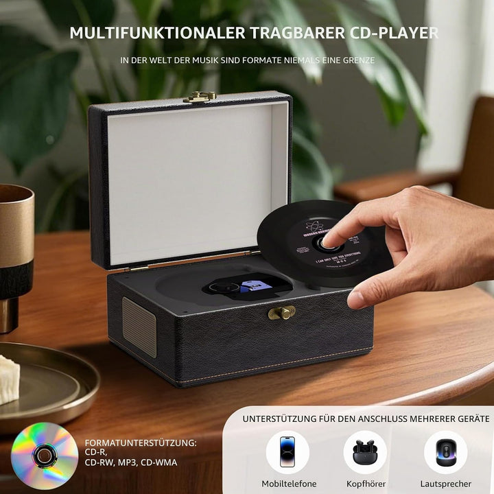 Yintiny Tragbarer CD-Player im Vintage-Stil mit Bluetooth-Konnektivität, Aussenseite aus Leder