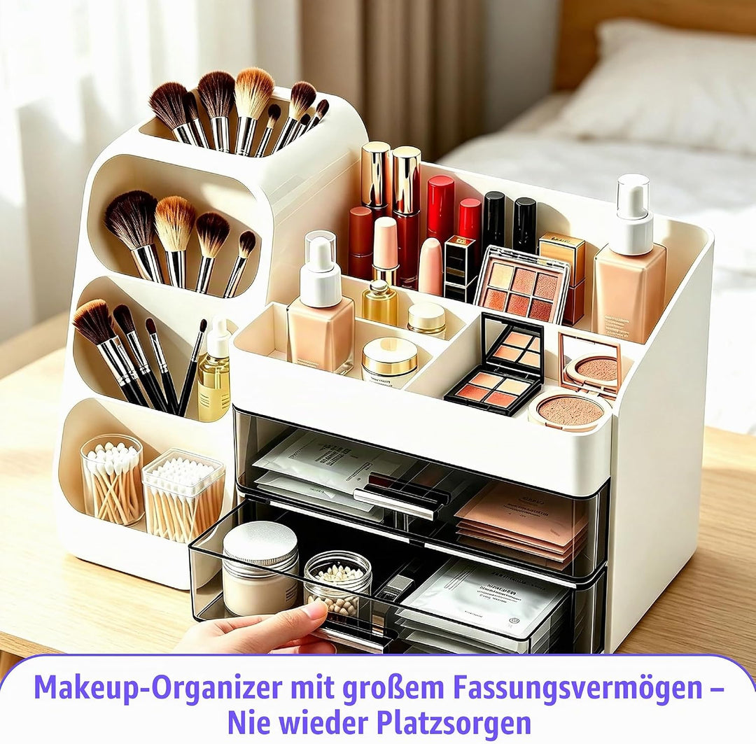 Grosser Makeup Kosmetik Organizer mit Schubladen – 3-in-1 Aufbewahrungsbox für Pinsel &amp; Kosmetik, st