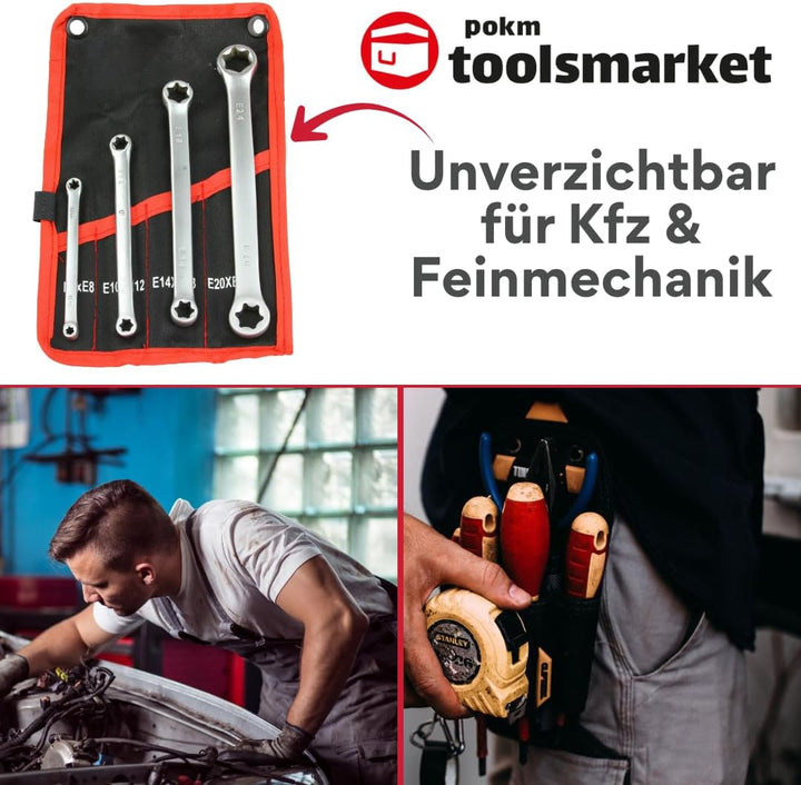 Aussen Torx Ringschlüssel Set E6–E24 CrV Stahl | E-Torx 4 Doppelringschlüssel in 8 Grössen | Präzise