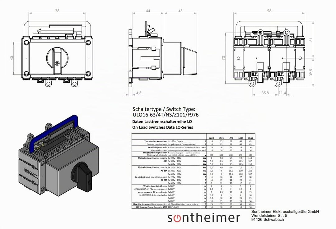 Sontheimer Umschalter 32A 4-polig 11,5 kW Netz-0-Not ULO32/4T/NS/Z101/F976, Umschalter/Schwarz, 2x4x