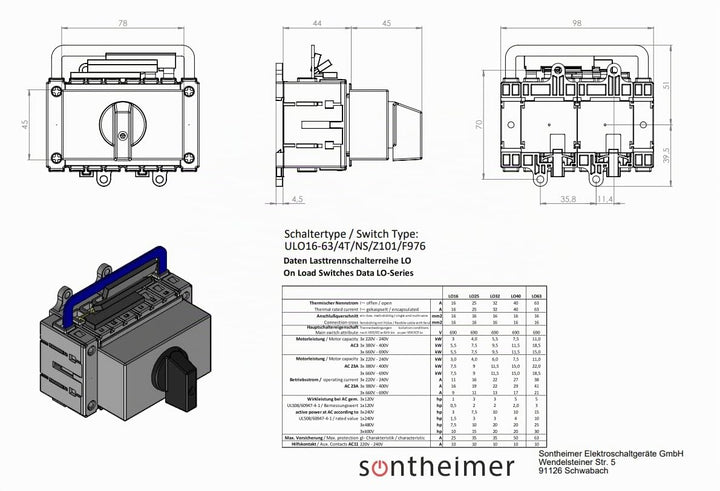 Sontheimer Umschalter 32A 4-polig 11,5 kW Netz-0-Not ULO32/4T/NS/Z101/F976, Umschalter/Schwarz, 2x4x