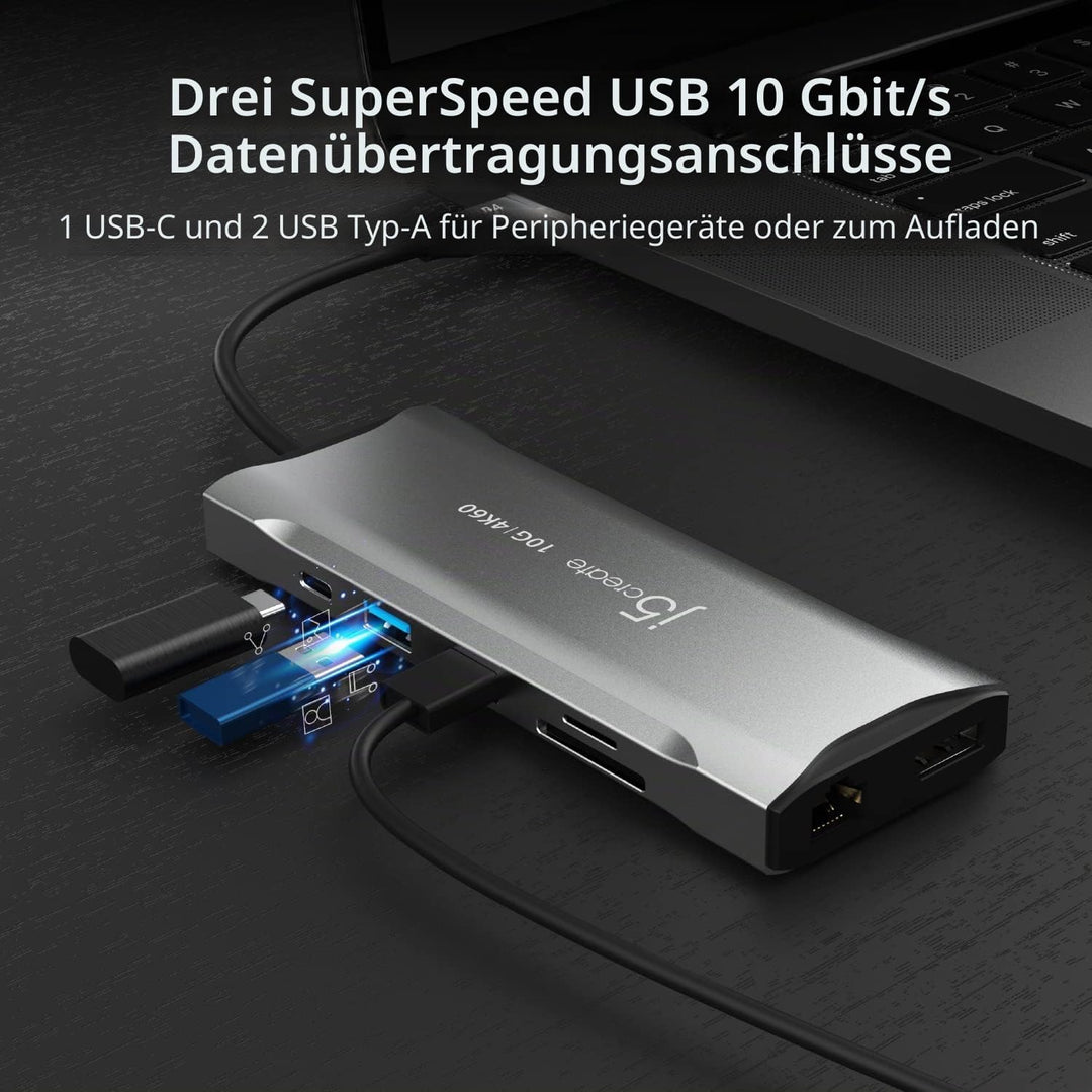 j5create USB C 4K Triple Display Hub - 4K HDMI x2, 4K DP, 2 USB-A und USB-C 10Gbps, PD 100W, Etherne