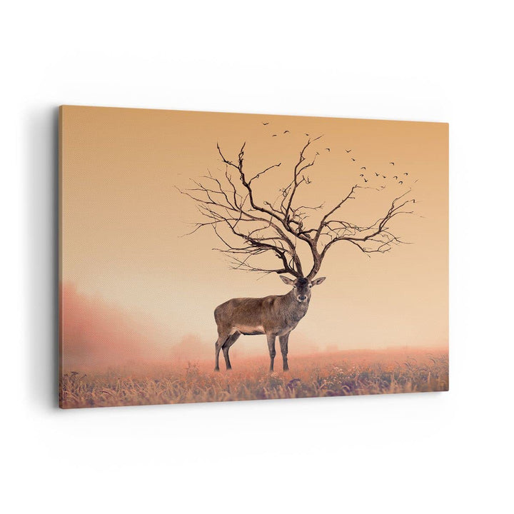 ARTTOR Bilder auf Leinwand 100x70cm Leinwandbild Hirsch Baum Nebel Wald Gross Wanddeko Bild Schlafzi