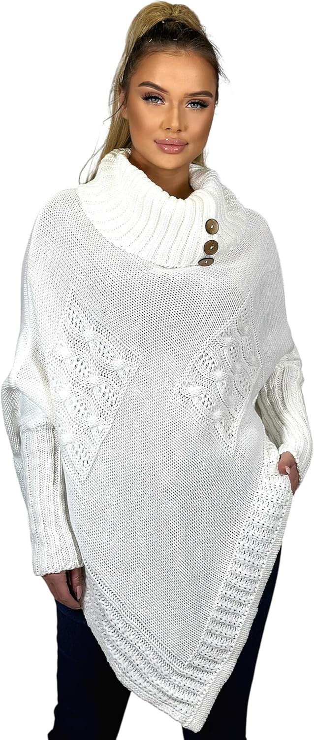 Mississhop Poncho Strick Sweatshirt Pullover Umhang Überwurf Einheitsgrösse Weiss, Einheitsgrösse We