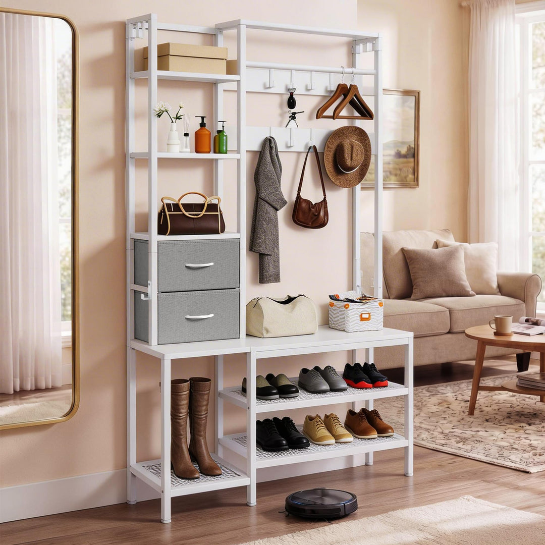 YITAHOME Kleiderständer, Garderobenständer Schuhregal 9 Haken 2 Schubladen | Freistehendes Garderobe
