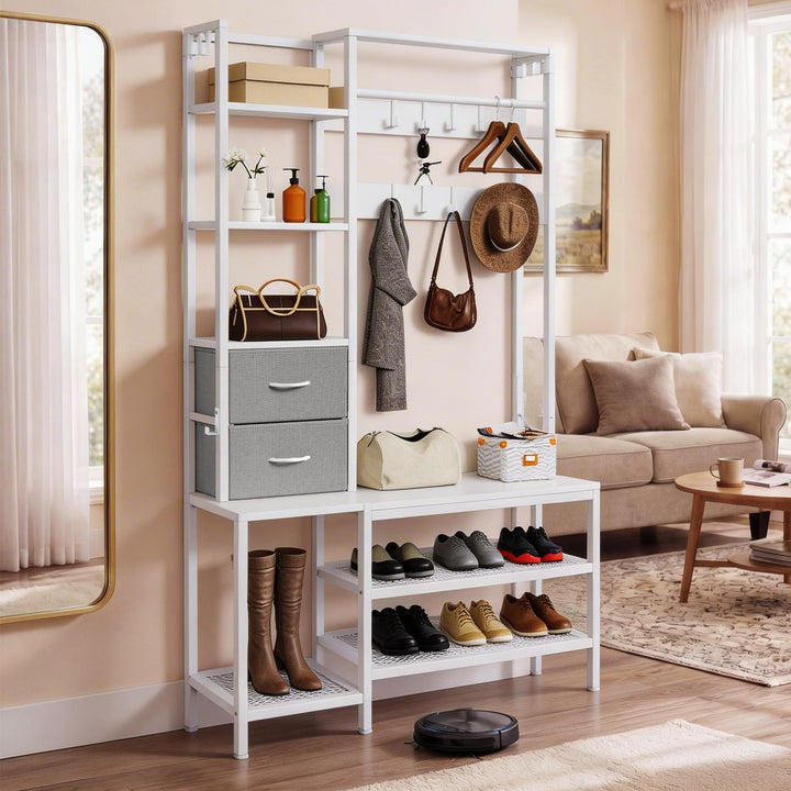 YITAHOME Kleiderständer, Garderobenständer Schuhregal 9 Haken 2 Schubladen | Freistehendes Garderobe