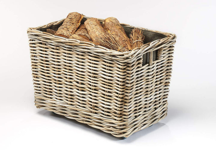 Kobolo Kaminholzwagen für Kaminholz mit Rollen Rattan - Innenfutter aus dunklem Stoff