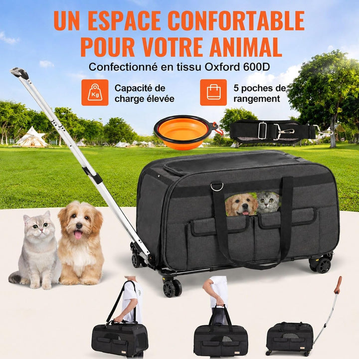 Haustier-Trolley für Hunde und Katzen, schwarz, mit Teleskopgriff, Schultergurt, 4 Rädern, Aufbewahr