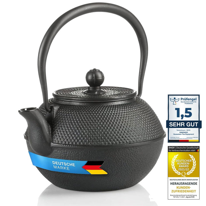 DIMONO® Japanische Teekanne aus Gusseisen 1300ml inkl. Edelstahl Sieb | Hält Tee extra lange warm, a