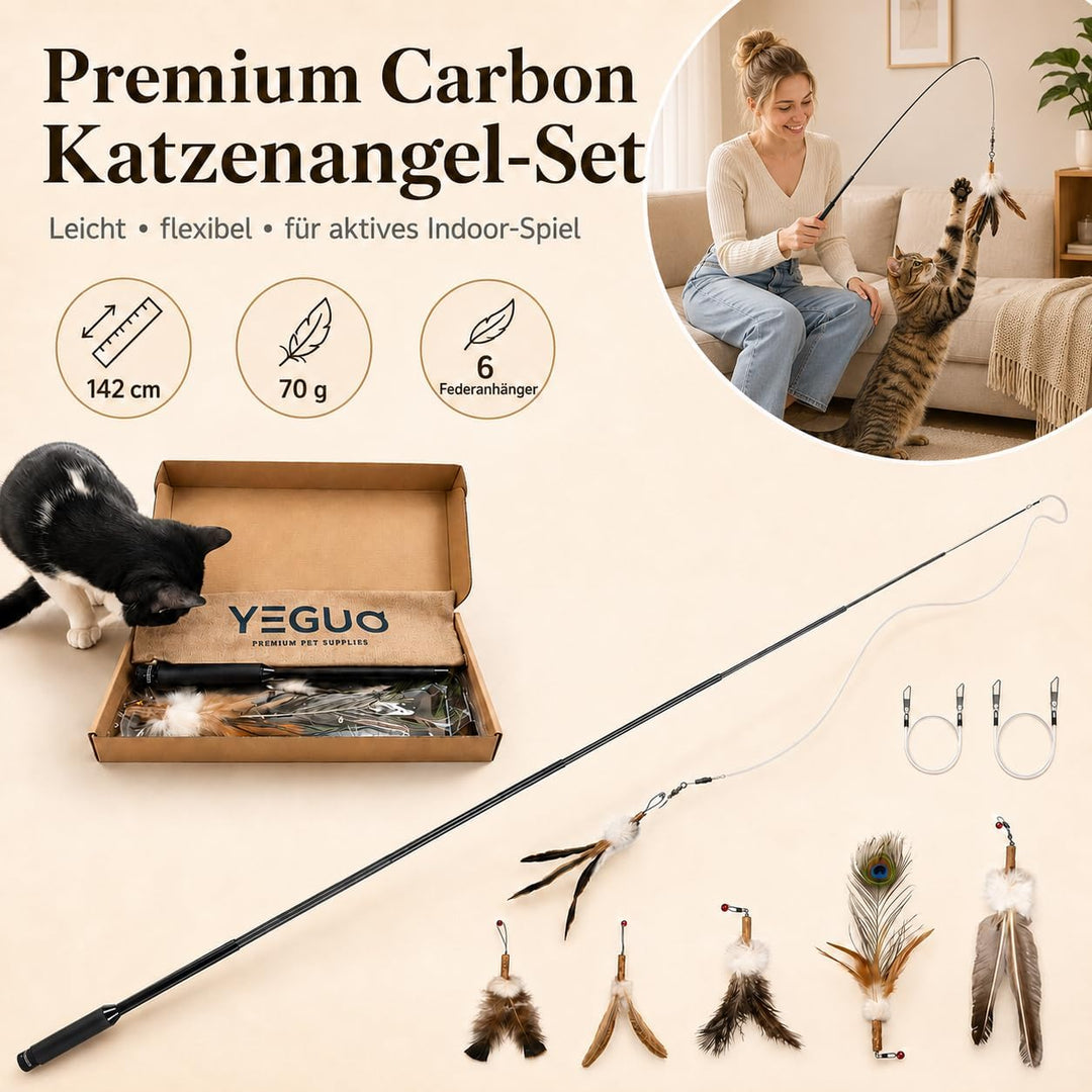YEGUO Katzenangel stabil &amp; lang (142cm) - Interaktives Katzenspielzeug Angel Set aus Carbon mit 6 Na