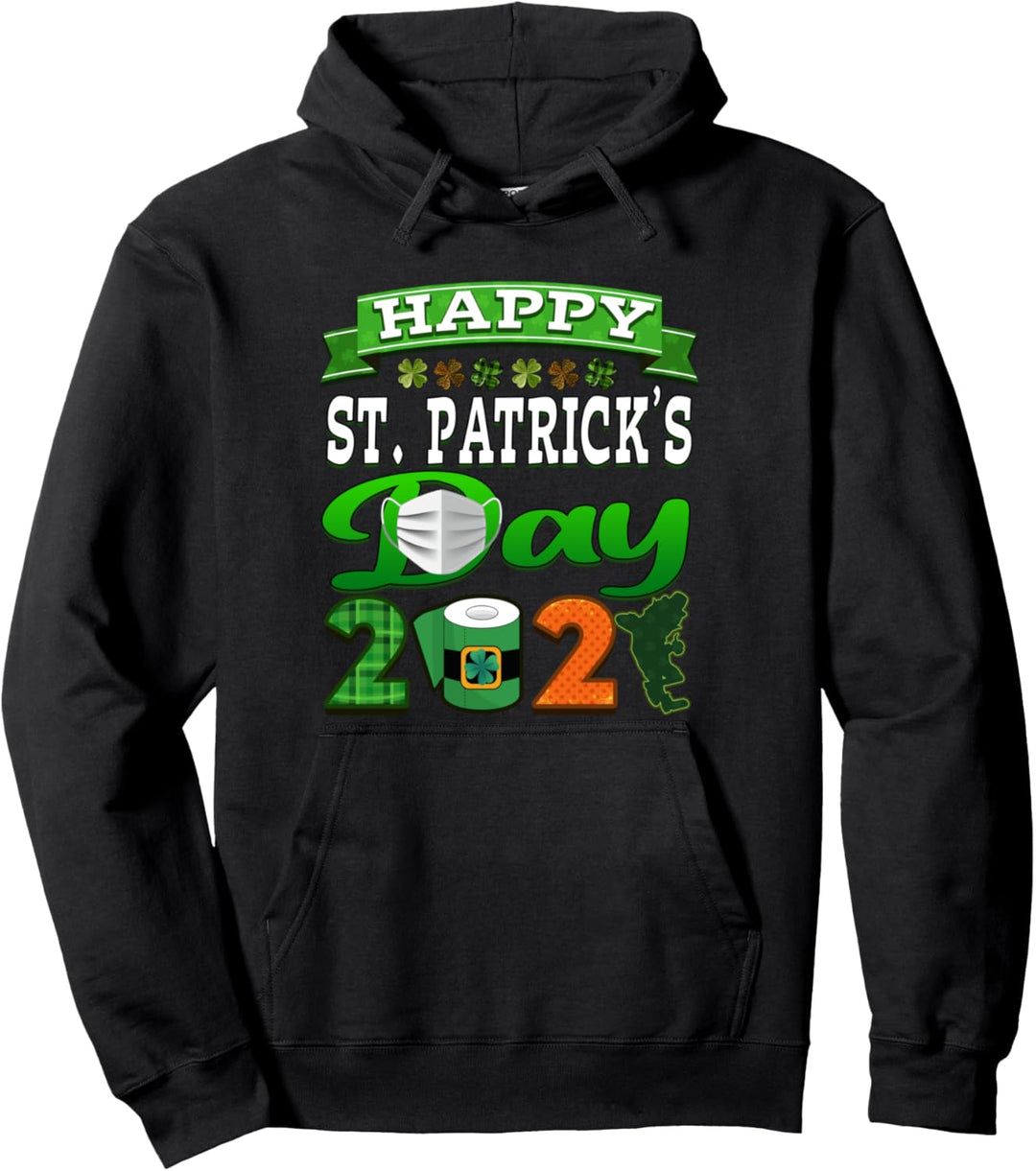 Happy Saint Patrick's Day 2021 Shamrock Leprechaun Mask Mens Pullover Hoodie