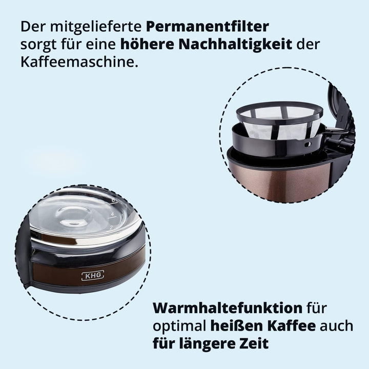 KHG Kaffeeautomat KA-123(MMS) aus Kunststoff in mocca/schwarz, Kapazität für 10 Tassen, mit Glaskann