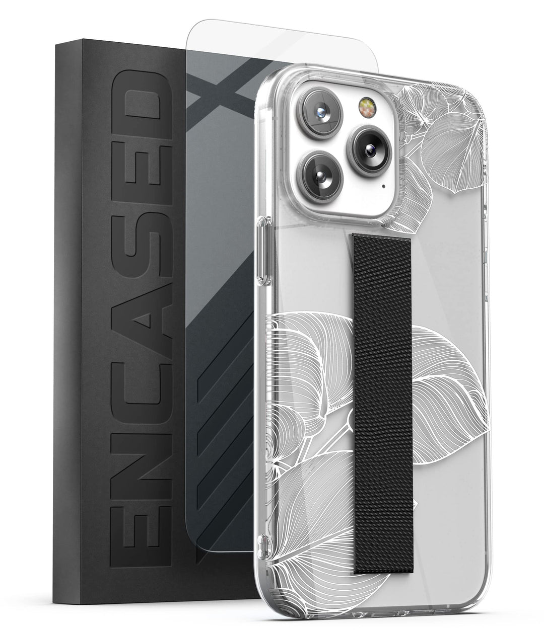Encased Schutzhülle für iPhone 14 Pro Max, Handschlaufe, mit Fingerschlaufe, Displayschutzfolie (wei