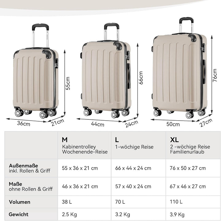 BEIBYE Hartschalen-Koffer Trolley Rollkoffer Reisekoffer Handgepäck 4 Rollen (M-L-XL-Set) (Creme Whi
