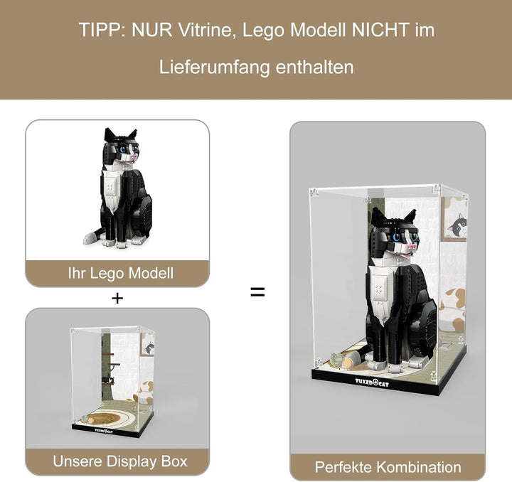cooldac Acryl-Vitrine kompatibel mit Lego 21349 - Schwarz-weisse Katze, Staubdichte mit HD-animierte