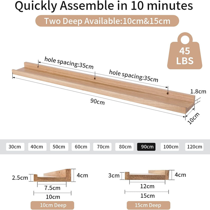 Gieanoo Bilderleiste Holz,90cm Eiche Wandregal Holz 2er-Set Regal Massiv Schweberegal gewürzregal re