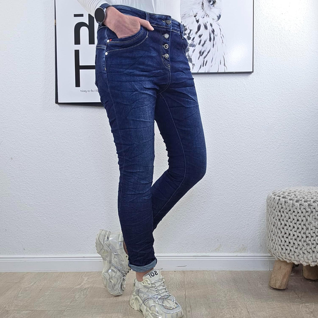 Jewelly Stretch Jeans| im Baggy Boyfriend Schnitt| Damen Hose mit dekorativer Knopfleiste| Perfekter