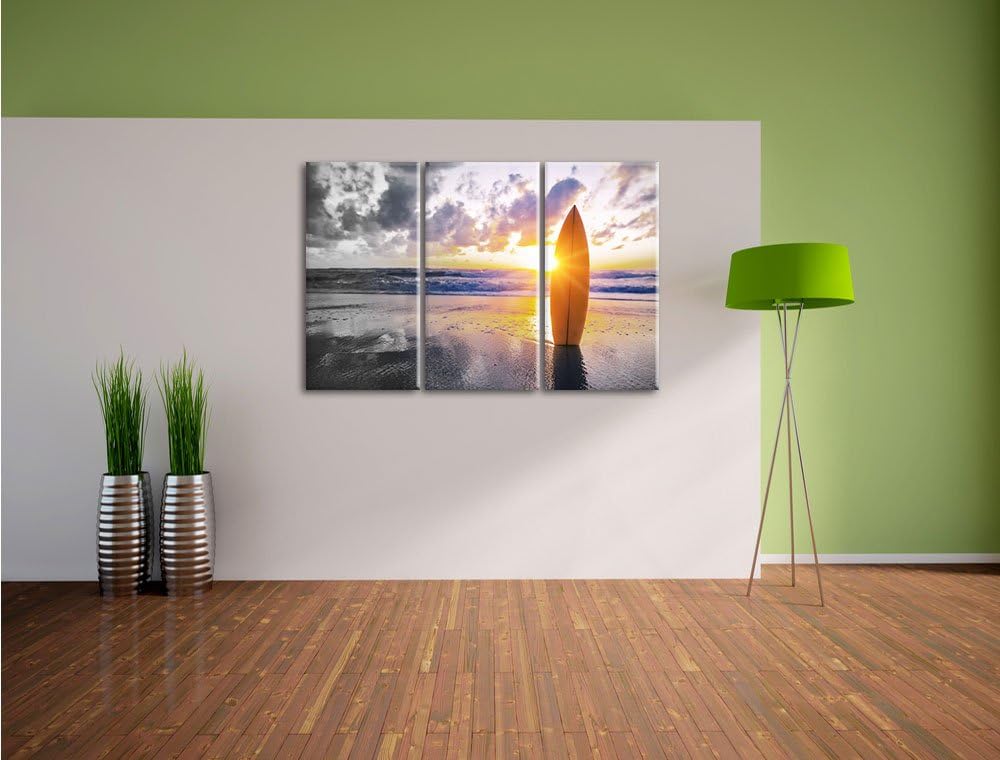 Pixxprint Surfbrett am Strand als Leinwandbild/Grösse: 3 Teilig (120x80 cm) cm/Wandbild/Kunstdruck/f