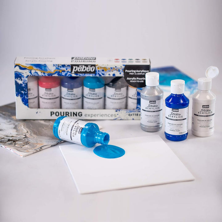 Pébéo 524601 Acryl Pouring Entdecken-Set mit 6 x 118 ml Bereits Gemischten Acrylfarben, Sofort-Kit o