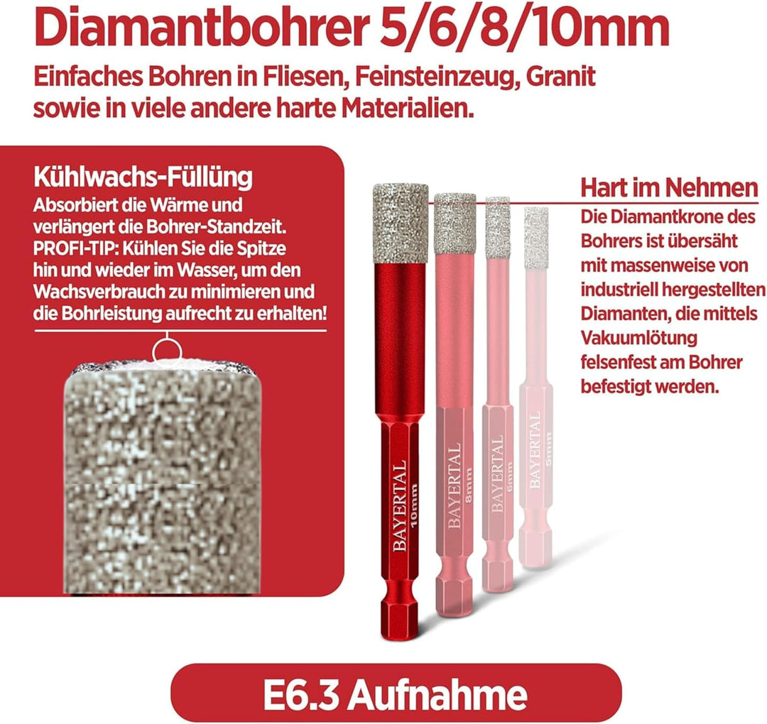 Fliesenbohrer Set 4tlg. 5, 6, 8, 10 mm Sechskant E6.3 Premium – Diamantbohrer für harte Fliesen und