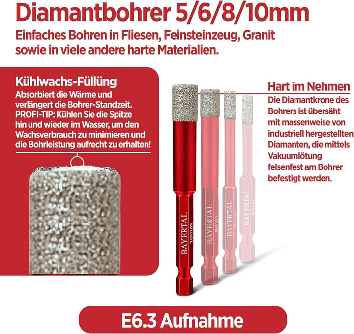 Fliesenbohrer Set 4tlg. 5, 6, 8, 10 mm Sechskant E6.3 Premium – Diamantbohrer für harte Fliesen und