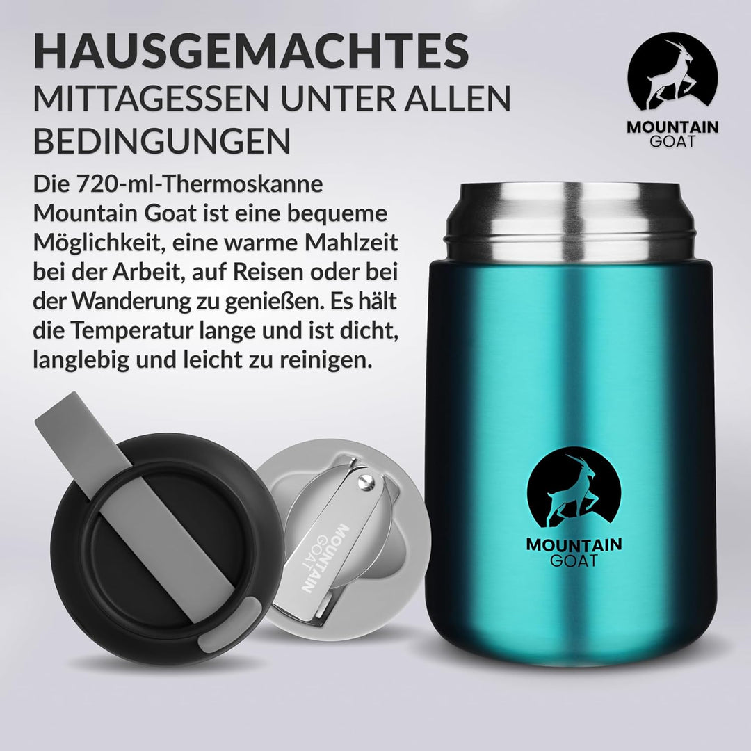 MOUNTAIN GOAT Thermobehälter für Essen 720ml, Speisegefäss mit Klapplöffel aus Edelstahl, Warmhalteb