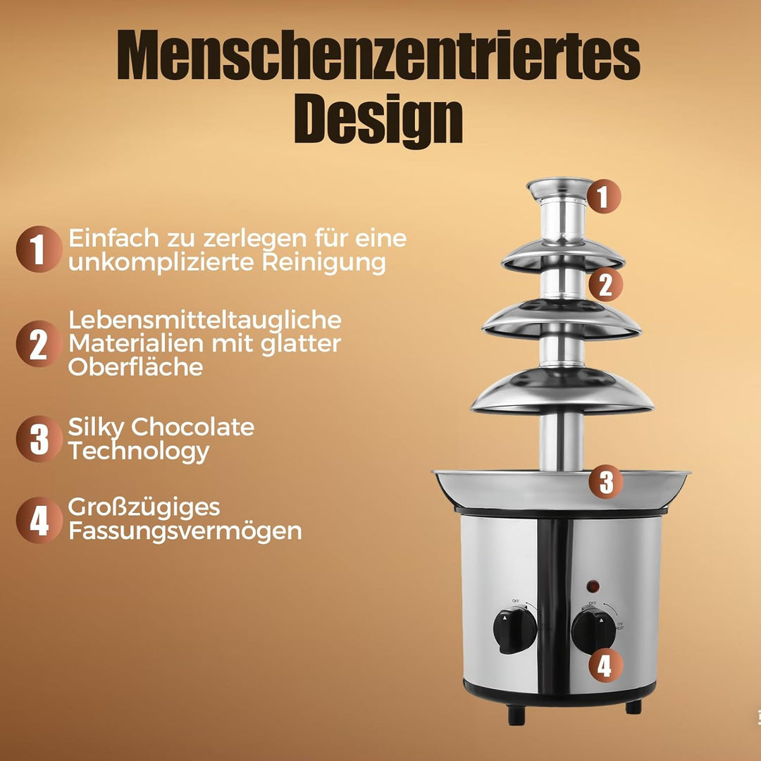 4-Etagen Schokobrunnen mit Schmelzfunktion, 170W Elektrisch Schokoladenbrunnen Schokoladenfondue Mas