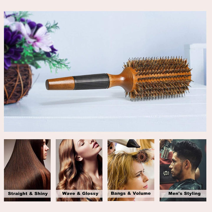 BESTOOL Rundbürste zum Föhnen,Wildschweinborsten Rundhaarbürste mit Holzfass, grosse runde Stylingbü