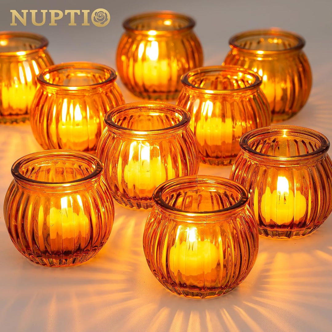 NUPTIO Teelichthalter Teelichtgläser Kürbis Glas - 24 Stück Bernstein Votivkerzenhalter Weihnachten
