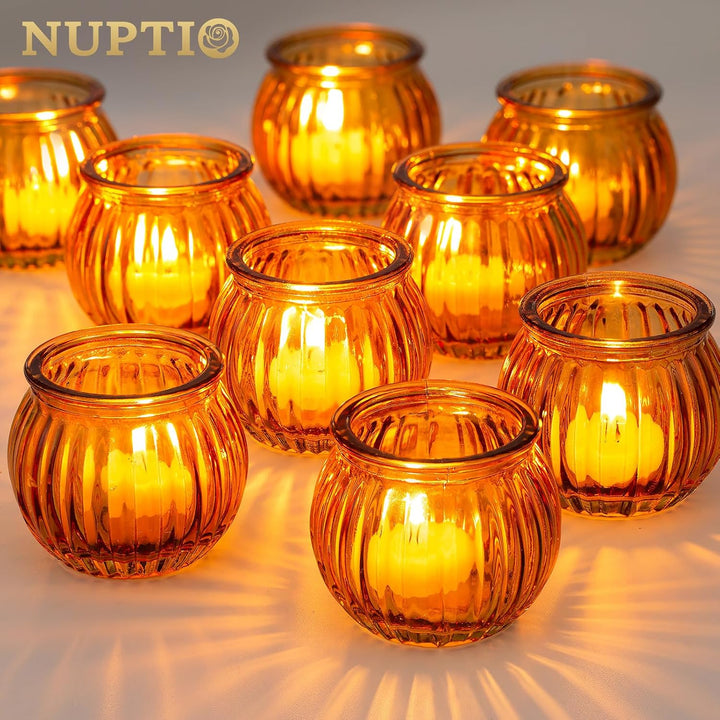 NUPTIO Teelichthalter Teelichtgläser Kürbis Glas - 24 Stück Bernstein Votivkerzenhalter Weihnachten