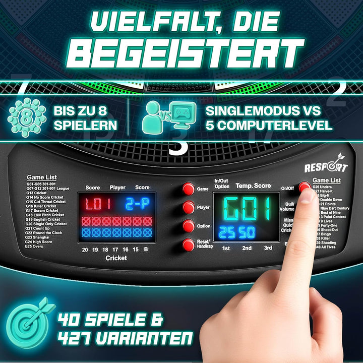 RE:SPORT® Dartscheibe Elektronisch Profi Set mit 12 Darts + 24 Pro Flights
