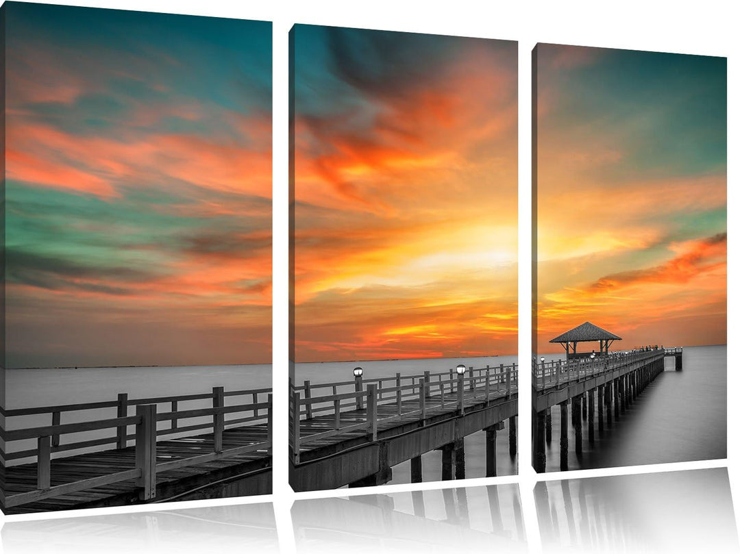 Pixxprint Steg ins Meer bei Sonnenuntergang/Format: 3-Teiler (120x80cm) cm/Leinwandbild fertig bespa
