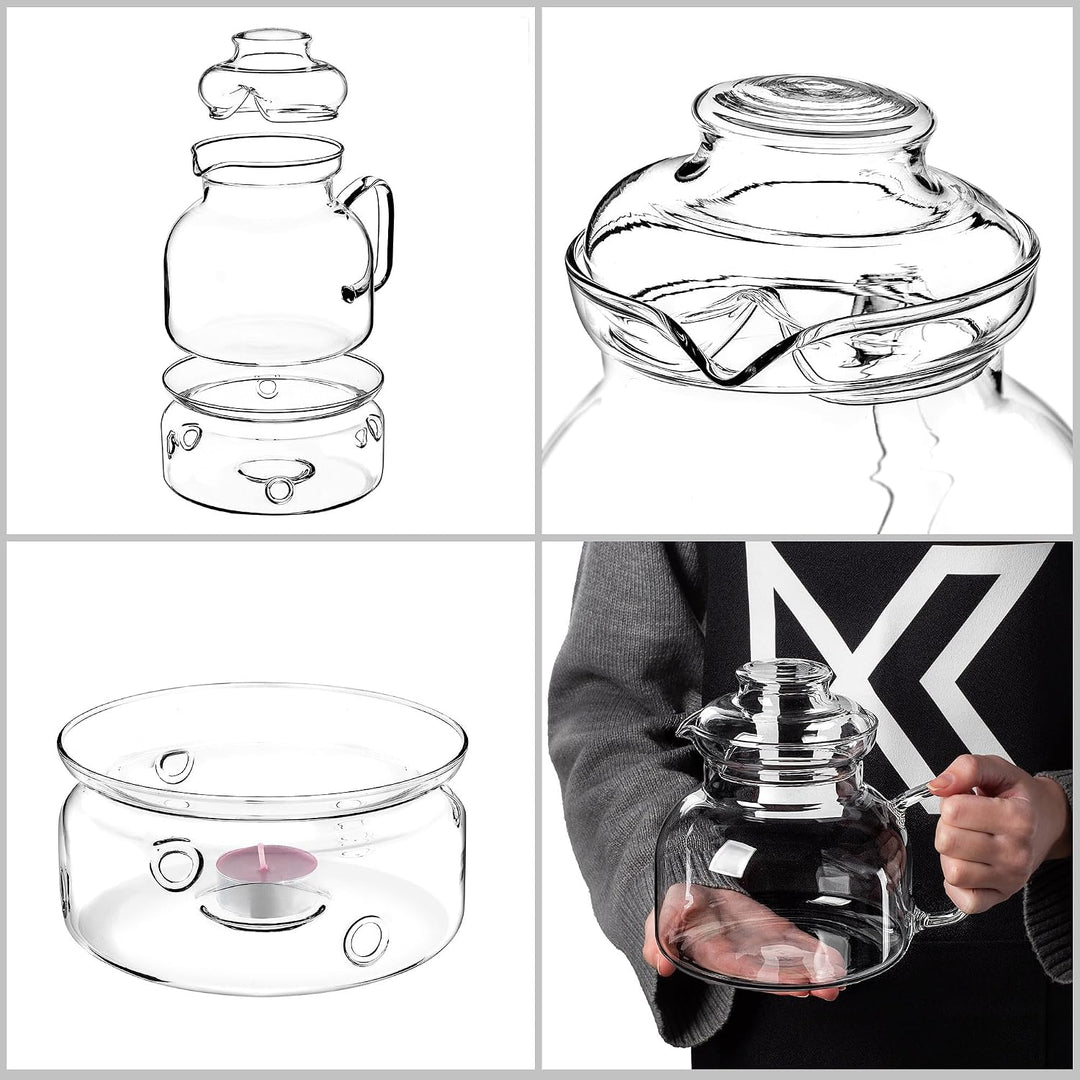 KADAX Teekanne 1.5L mit Stövchen Set, Glasteekanne mit Teewärmer und Deckel, Glaskanne ohne Siebeins