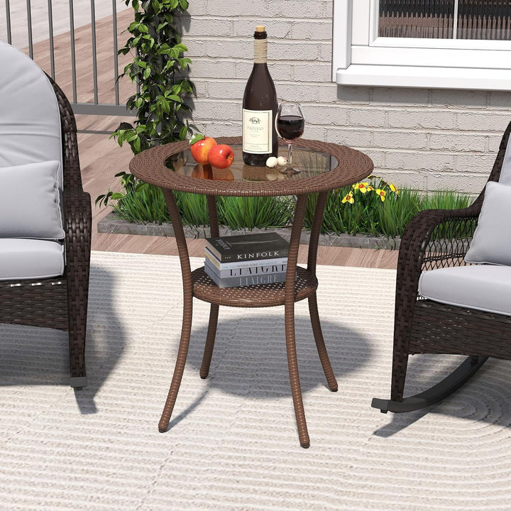 GIANTEX Rattan Bistrotisch Gartentisch, Balkontisch rund Couchtisch 2 Ebenen, Glastisch Terrassentis