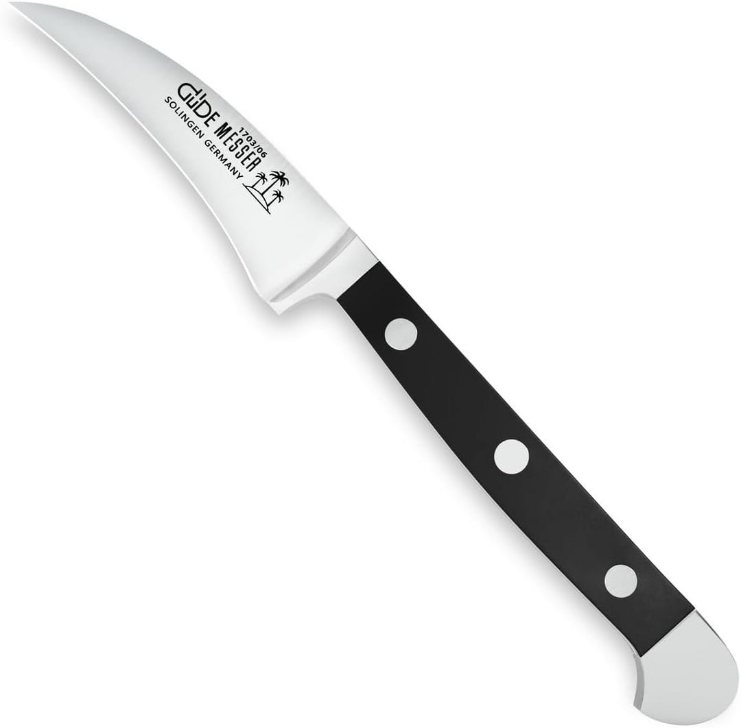 GÜDE Solingen - Schälmesser geschmiedet, 6 cm, POM schwarz, ALPHA, Tourniermesser, Doppelkropf, Hand