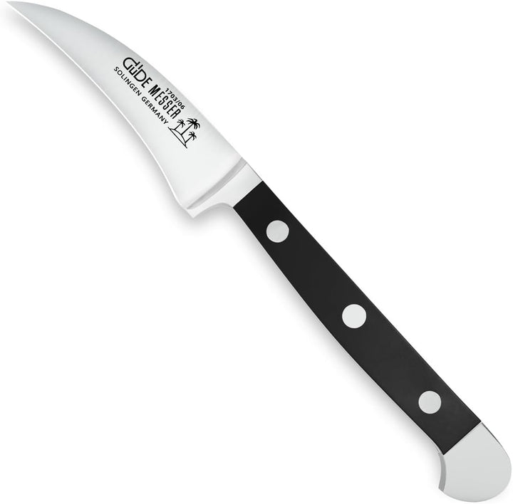 GÜDE Solingen - Schälmesser geschmiedet, 6 cm, POM schwarz, ALPHA, Tourniermesser, Doppelkropf, Hand