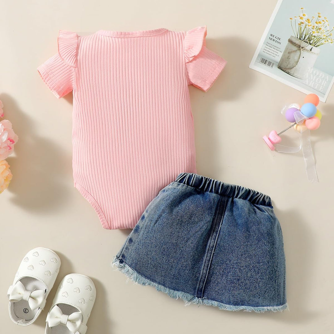 Vestiti Set per Neonata Manica Corta/Lunga Stampa a Lettere Tutina a Coste +Gonna in Denim Abbigliam