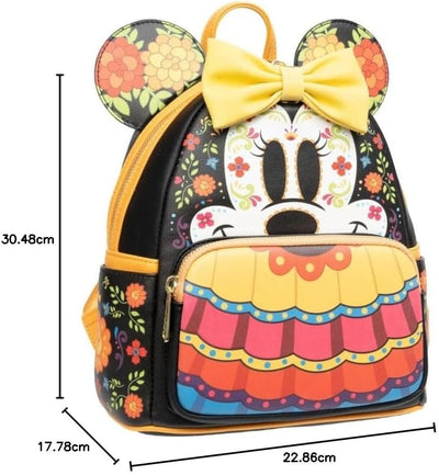 Loungefly Minnie Mouse Dia de los Muertos Sugar Skull Mini-Rucksack, Gelb, Schwarz, Weiss