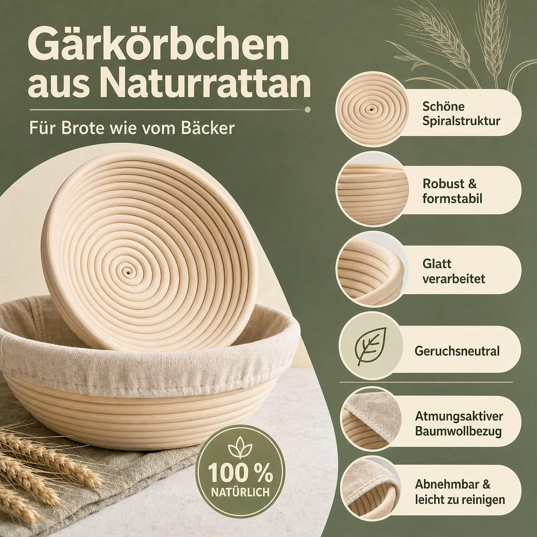 Markenname Sauerteig Starter Set, 2 Gärkörbchen 25 cm und Starterglas | Runder und ovaler Gärkorb au
