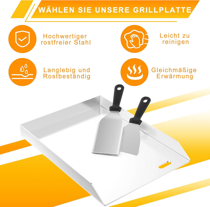 XMTECH Edelstahl Grillplatte, 30x40x4 cm, Gleichmässige Wärmeverteilung für Gas- und Kohlegrills – I