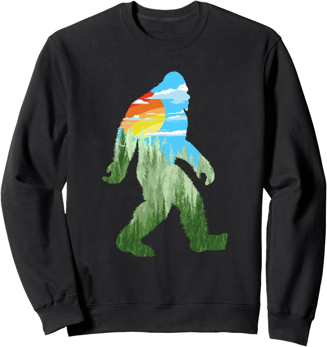 Bigfoot Silhouette & Vintage Artistic Nature Trees Scene Sweatshirt